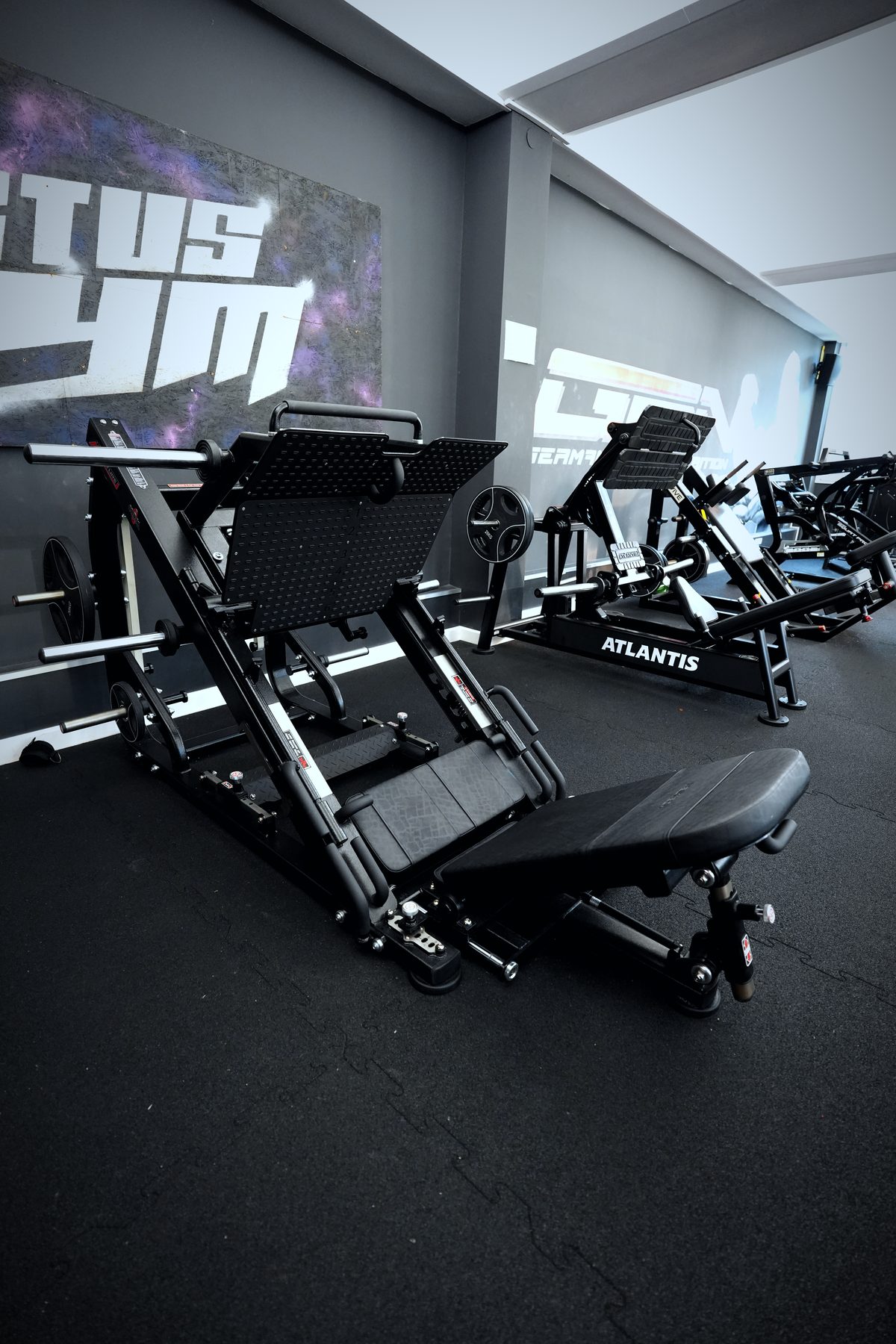 Beinpresse vor dem Invictus Gym Wandbild in Hamburg Bergedorf